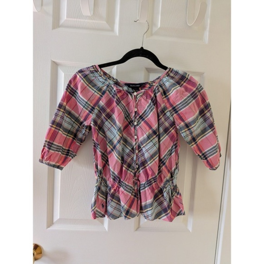 Ralph Lauren Girls Pink Blue Plaid Peplum Button Front Blouse Top Size 8 - Picture 2 of 8